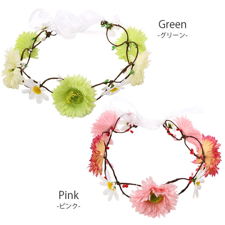 フラワー×レースリボン花冠ヘアアクセサリーピンクグリーンシンプルReticaレティカ