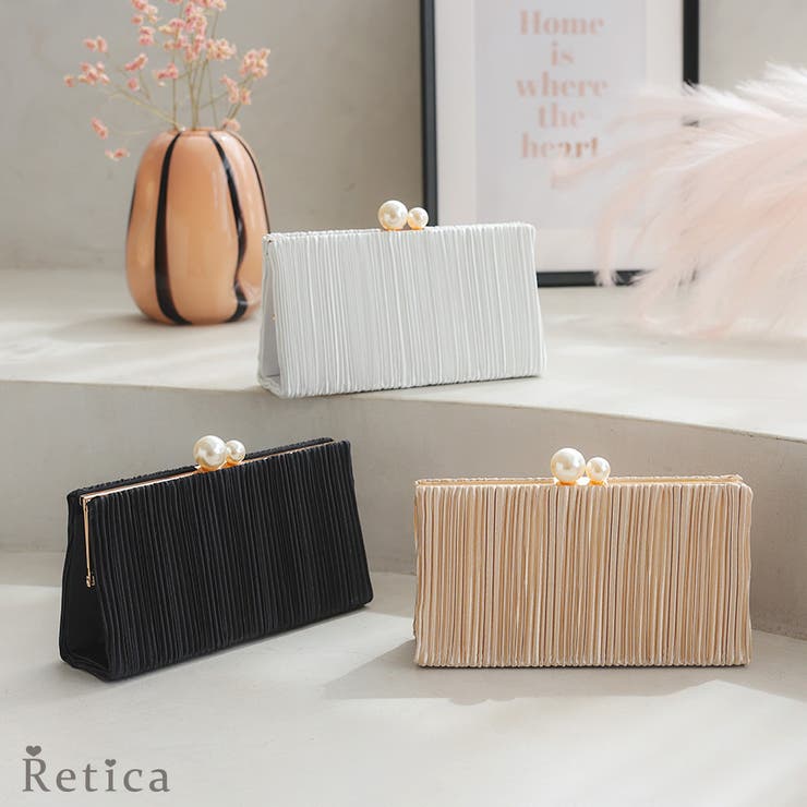 パールがま口×サテンプリーツ2WAYパーティーバッグ クラッチバッグ | Retica | 詳細画像1 