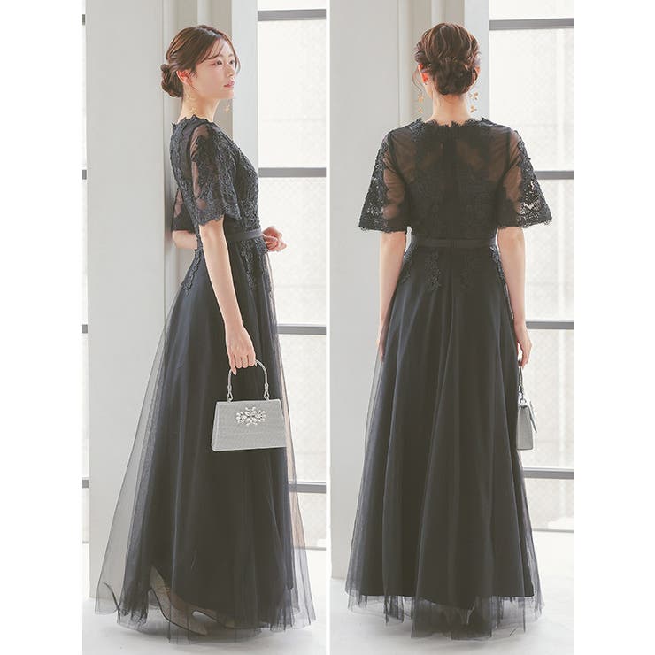 シースルーレースフラワー刺繍ウエストマークロングドレス 結婚