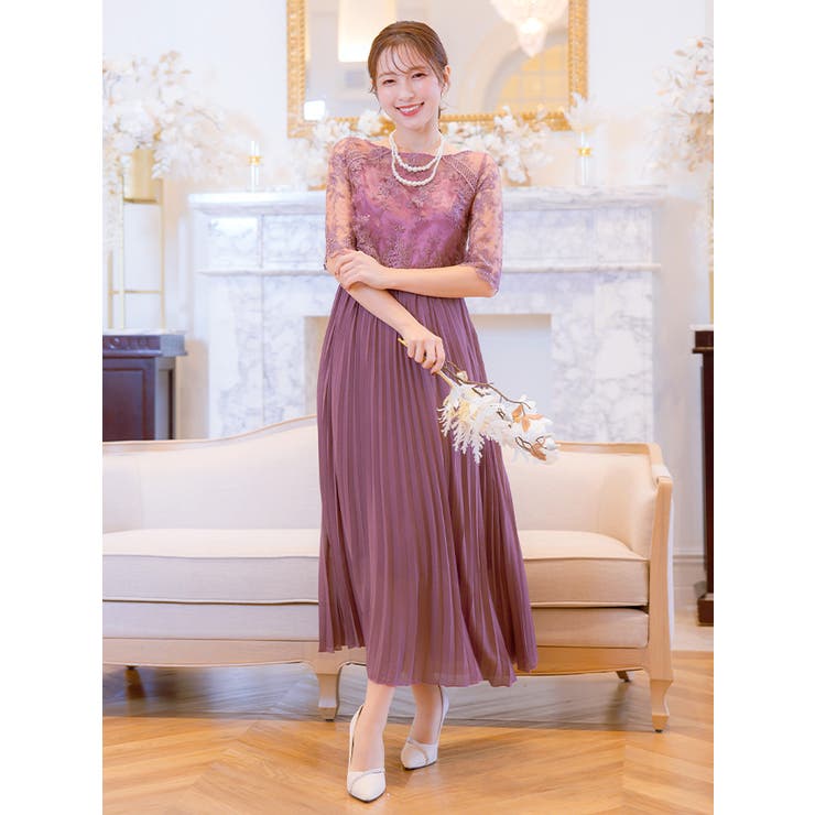 トップスレース×軽やかプリーツハイウエスト切替ミモレ丈ドレス