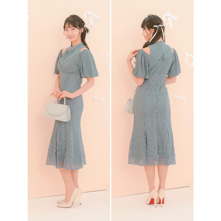 パフスリーブ×ハイウエスト切替レースマーメイドロングドレス パーティードレス 袖… | Retica | 詳細画像5 