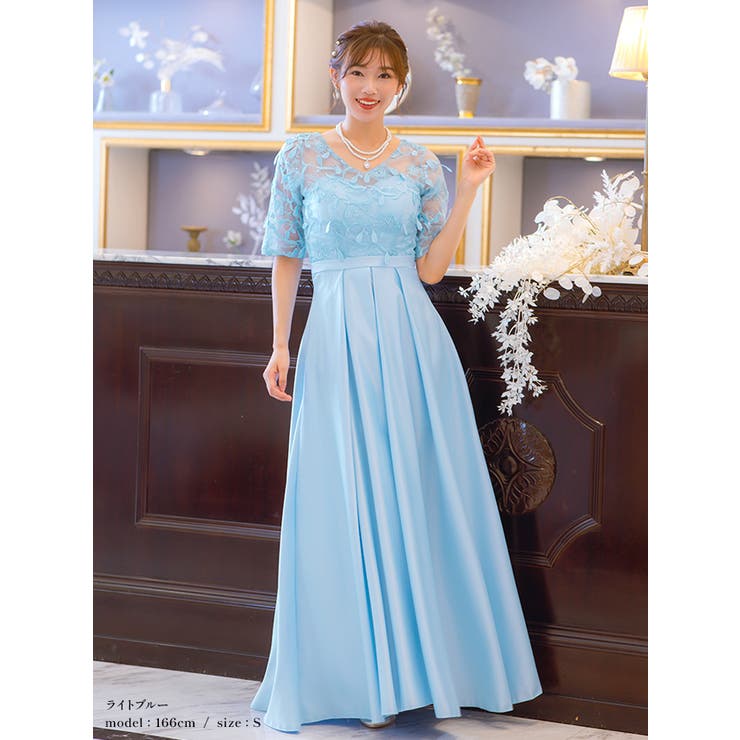 3D刺繍レースバックスピンドルマキシロング丈パーティードレス 袖あり