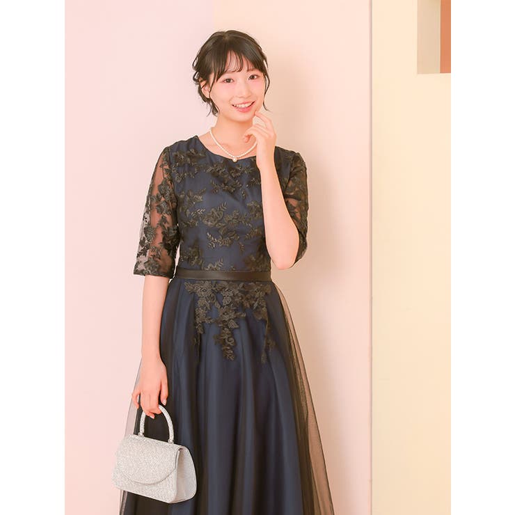 フラワーレースチュールフレアロングドレス パーティードレス 袖あり | Retica | 詳細画像8 