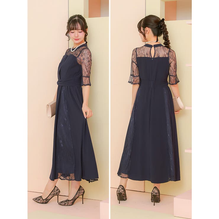 ウエストクロスレース切替フレアロングドレス パーティードレス 袖あり | Retica | 詳細画像5 