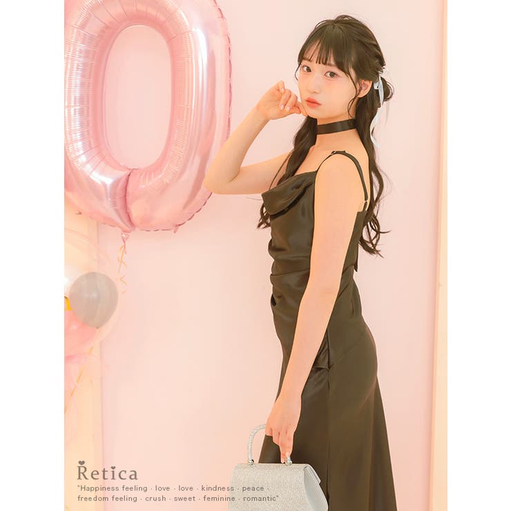 同色リボン付きサテンドレープタイトロングドレス パーティードレス 袖なし | Retica | 詳細画像1 