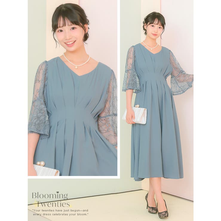 タックデザインレーススリーブフレアロングドレス パーティードレス 袖あり | Retica | 詳細画像2 