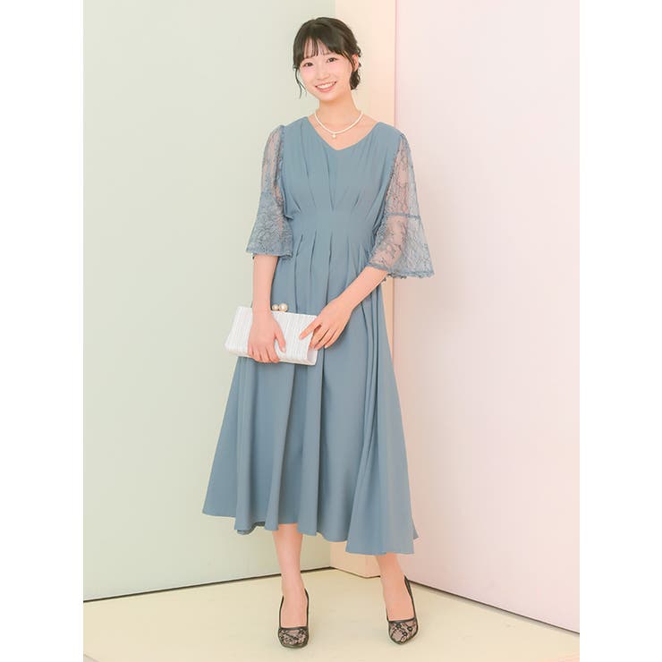 タックデザインレーススリーブフレアロングドレス パーティードレス 袖あり | Retica | 詳細画像4 