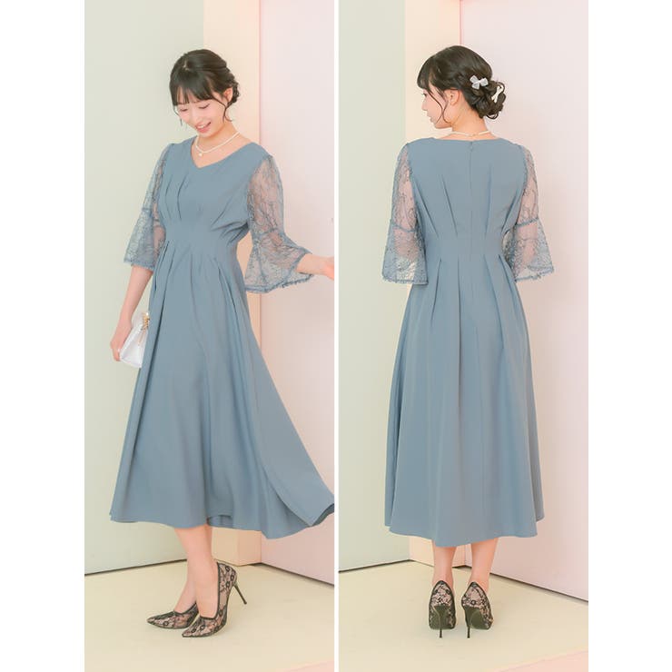 タックデザインレーススリーブフレアロングドレス パーティードレス 袖あり | Retica | 詳細画像5 