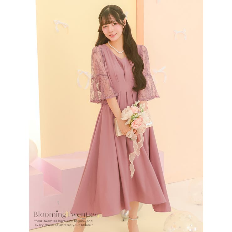 タックデザインレーススリーブフレアロングドレス パーティードレス 袖あり | Retica | 詳細画像6 