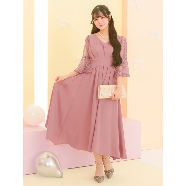 タックデザインレーススリーブフレアロングドレス パーティードレス 袖あり | Retica | 詳細画像9 