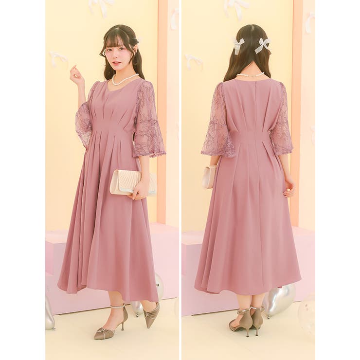 タックデザインレーススリーブフレアロングドレス パーティードレス 袖あり | Retica | 詳細画像10 