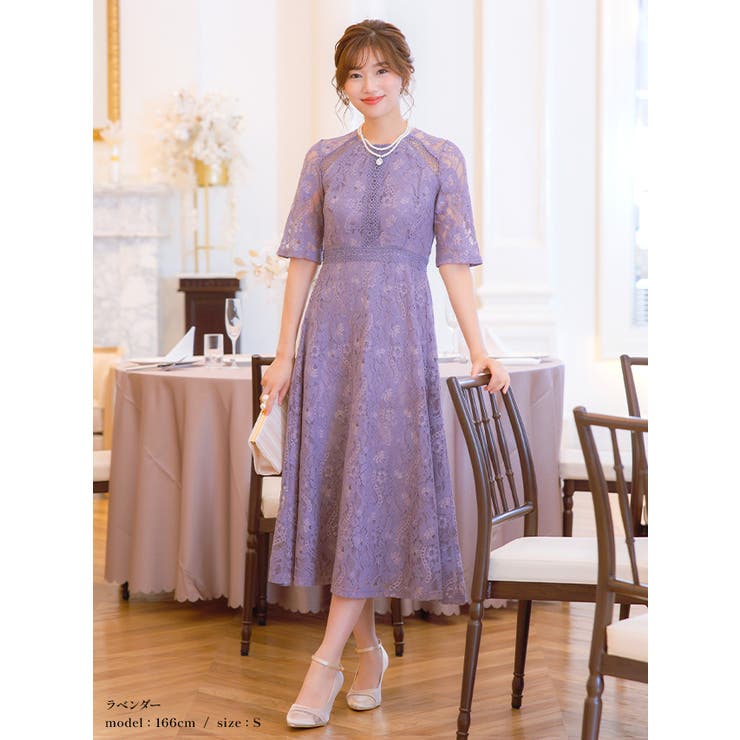 総レースハイウエスト切替フレアロングドレス パーティードレス 袖あり | Retica | 詳細画像4 