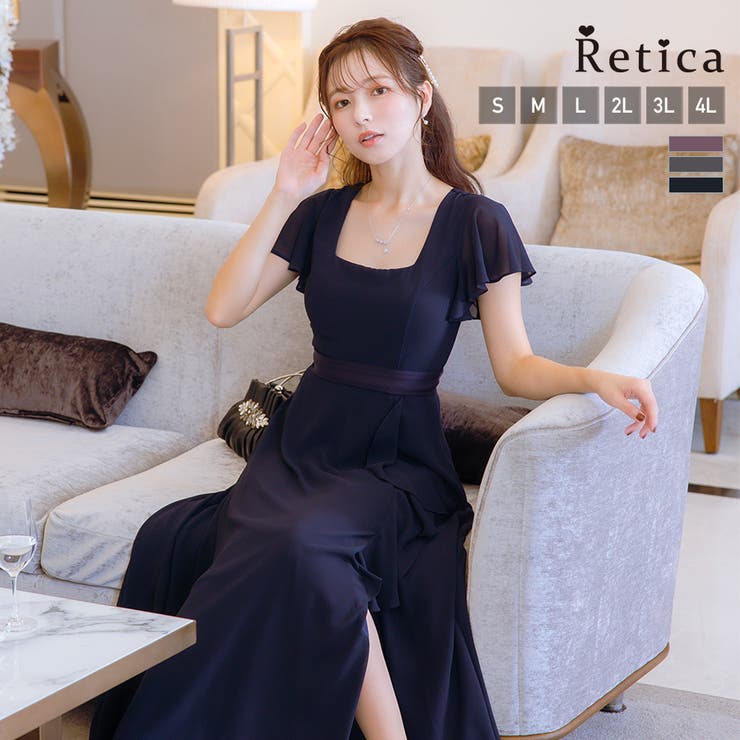 ネイビー | フレアスリーブハイウエストリボンロングドレス パーティードレス 袖あり | Retica