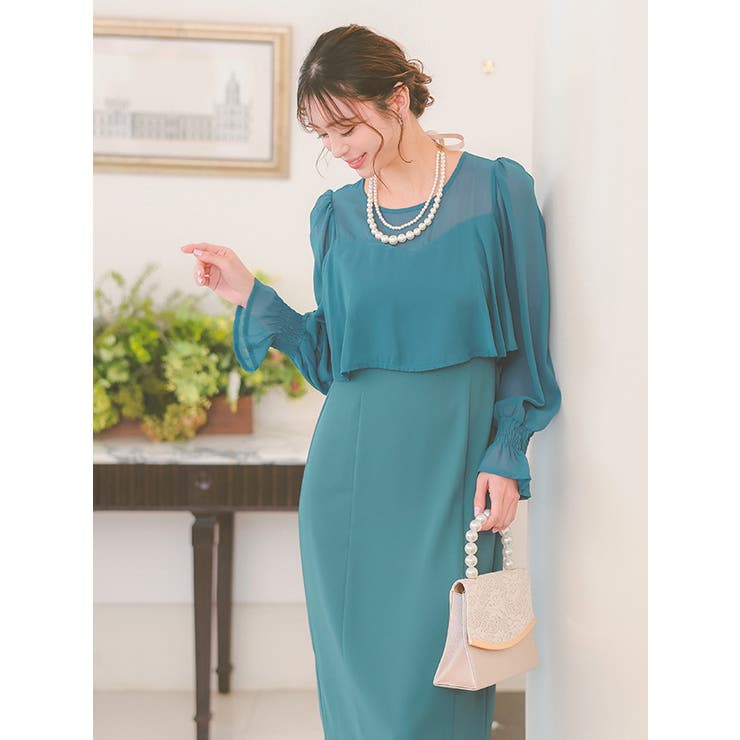 シアーフリルスリーブスレンダーラインロングドレス パーティードレス 体型カバー | Retica | 詳細画像3 