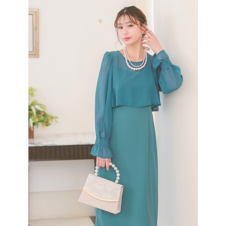 シアーフリルスリーブスレンダーラインロングドレス パーティードレス 体型カバー | Retica | 詳細画像4 