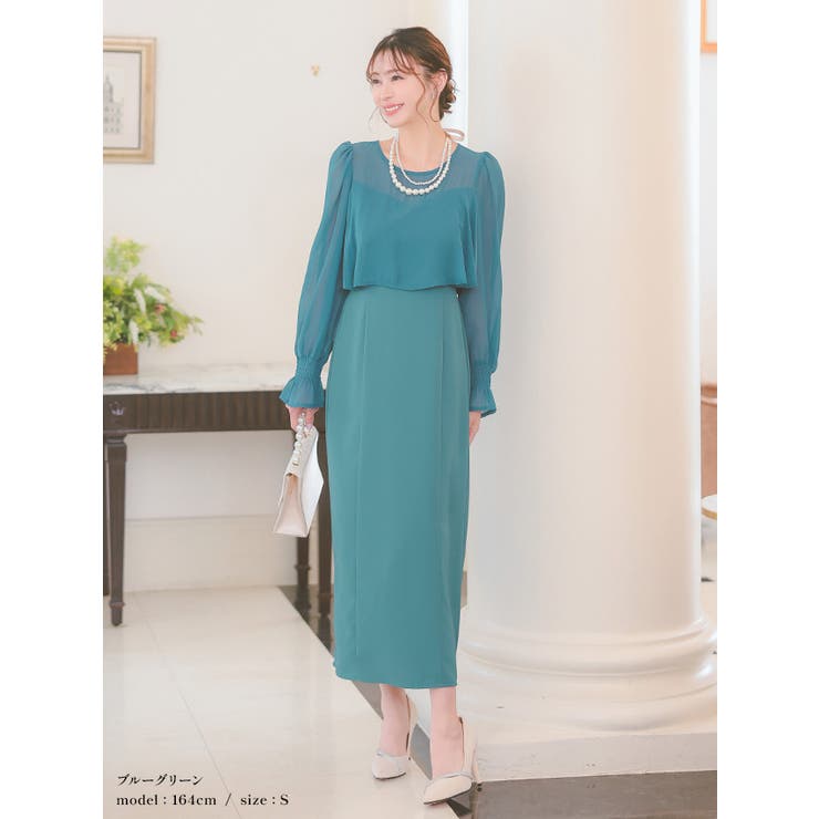 シアーフリルスリーブスレンダーラインロングドレス パーティードレス 体型カバー | Retica | 詳細画像5 