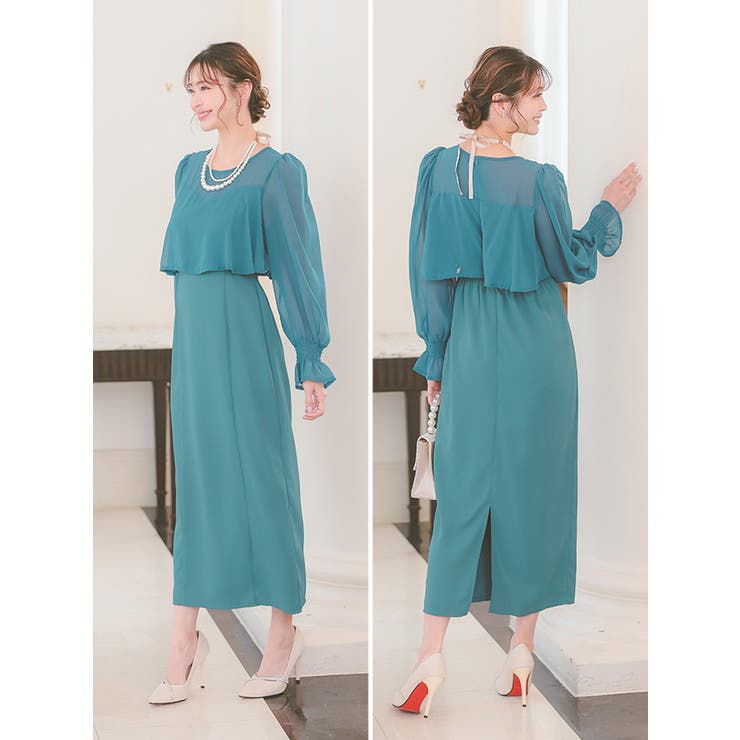 シアーフリルスリーブスレンダーラインロングドレス パーティードレス 体型カバー | Retica | 詳細画像6 