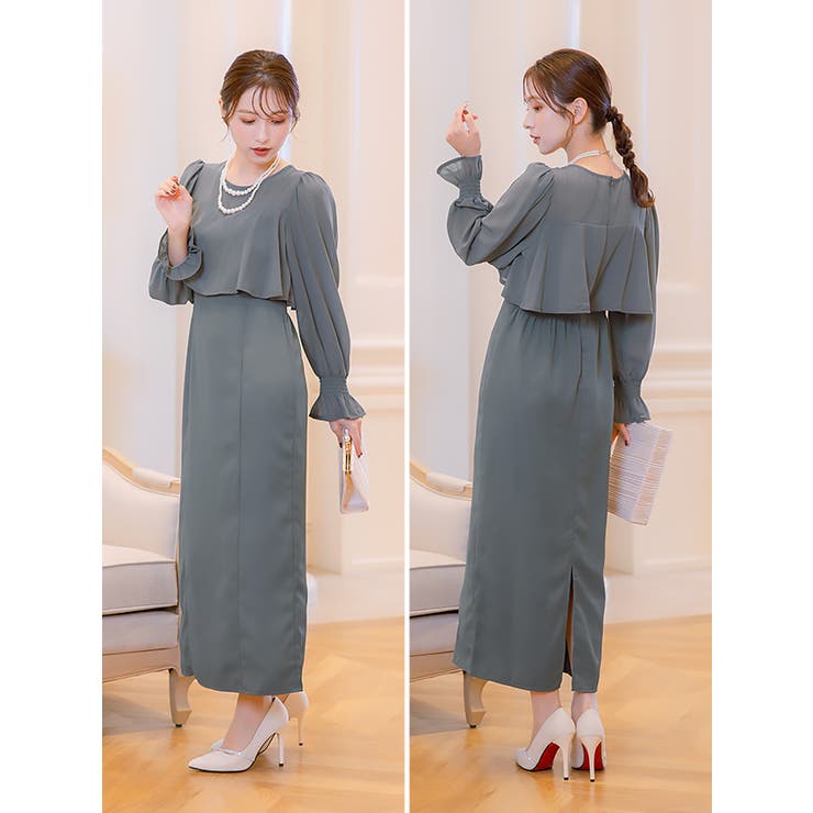 シアーフリルスリーブスレンダーラインロングドレス パーティードレス 体型カバー | Retica | 詳細画像18 