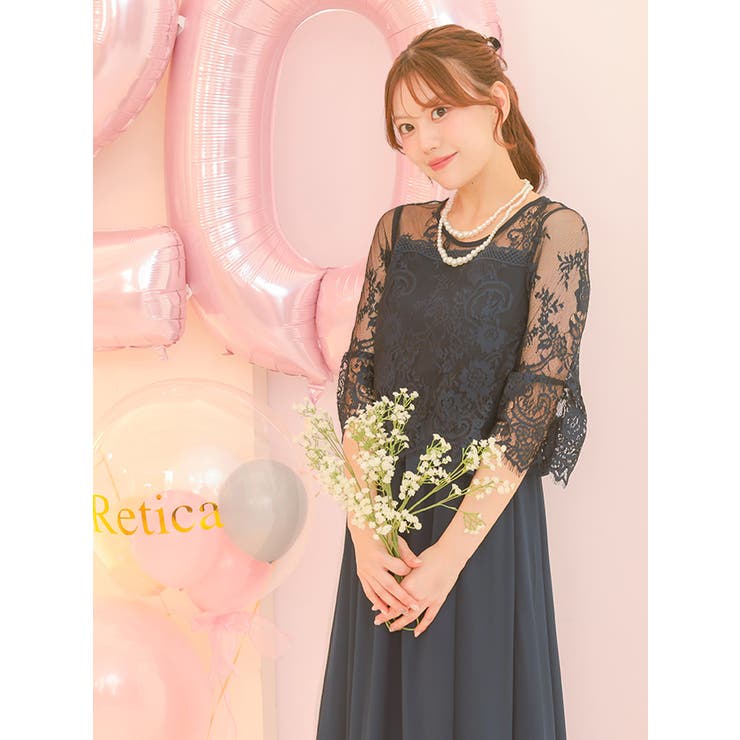 レーストップス切替シフォンフレアロングドレス パーティードレス 袖あり | Retica | 詳細画像3 