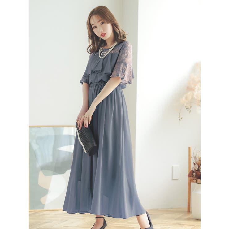 レースフリル切替シフォンフレアロングドレス パーティードレス 袖あり | Retica | 詳細画像18 