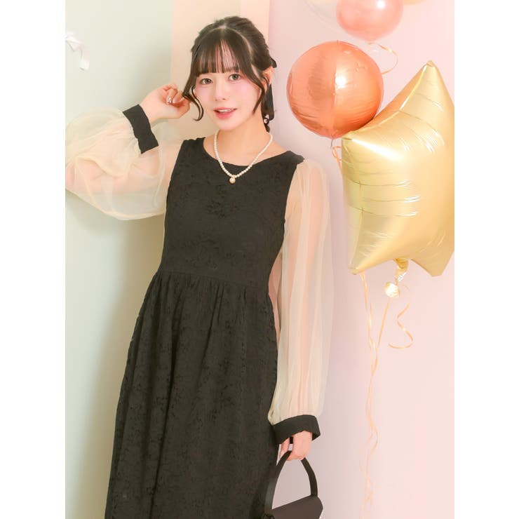 シースルースリーブ総レースストレートミディアムドレス パーティードレス 袖あり | Retica | 詳細画像3 