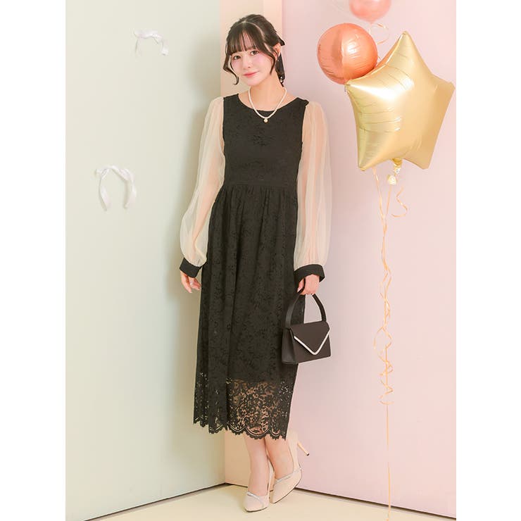 シースルースリーブ総レースストレートミディアムドレス パーティードレス 袖あり | Retica | 詳細画像4 