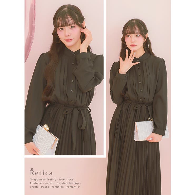 タック＆プリーツウエストマークフレアロングドレス パーティードレス 袖あり | Retica | 詳細画像2 