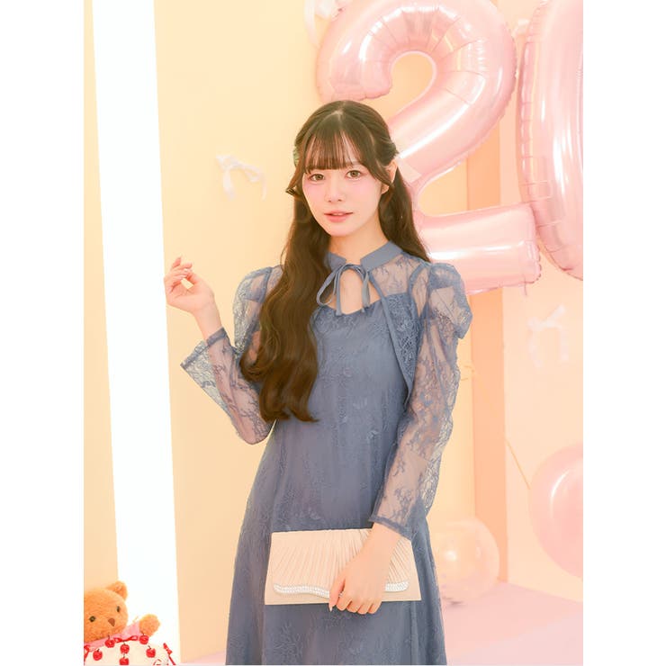 リボンネックレースボレロ付きフレアロングドレス パーティードレス