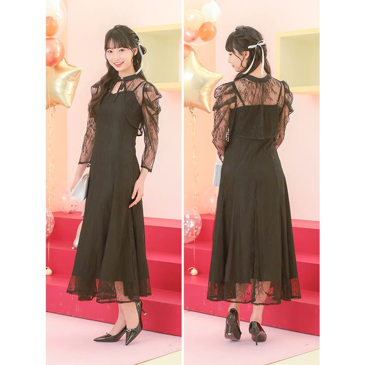 リボンネックレースボレロ付きフレアロングドレス パーティードレス