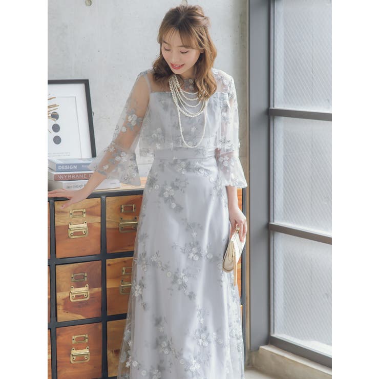 Retica ワンピース シースルー七分袖花柄刺繍 ロング パーティー