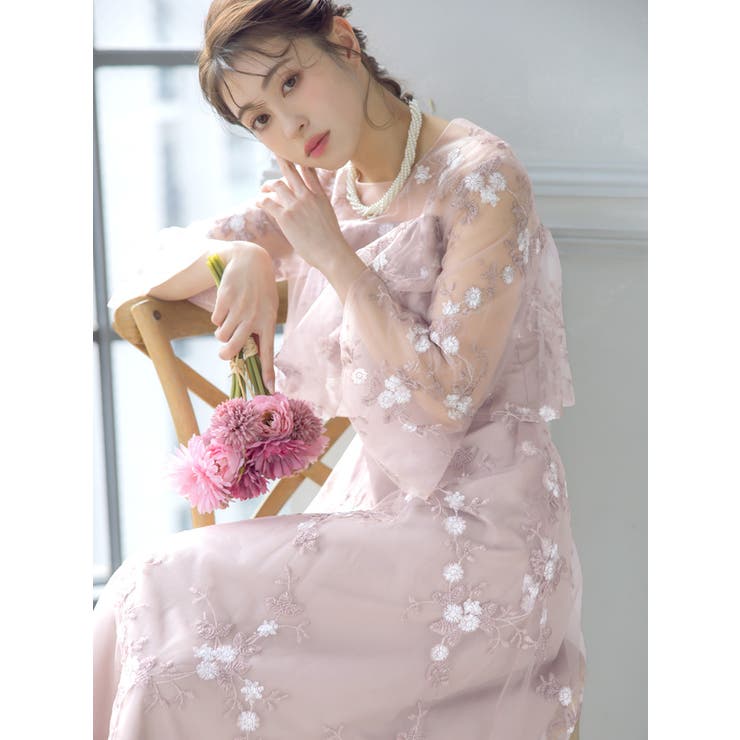 総フラワー刺繍シースルーロングドレス ロングワンピース 結婚式