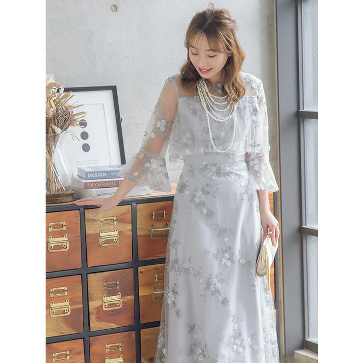 花柄シースルーロングドレス 楽天市場】花柄シースルー袖 ロングドレス ブラック ネイビー