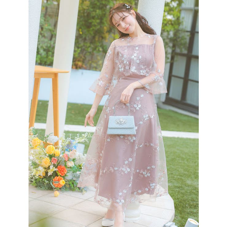 花柄刺繍フリルデザインロング丈パーティードレス (Mサイズ) [Retica]