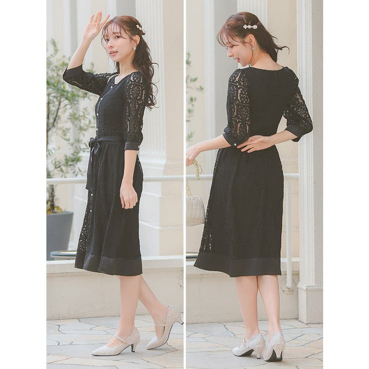 極美品■プラダ　Aライン　フレアワンピース　レース　ウエストリボン　大きいサイズ SETTAN/セッタン】総レース/ Vネック/ ノースリーブ/ Aライン
