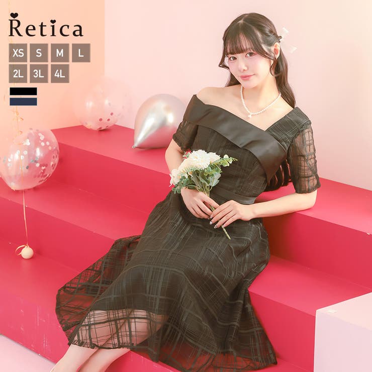 ブラック | Retica ワンショル風アシンメトリーチェックチュールフレアミディアムドレス … | Retica