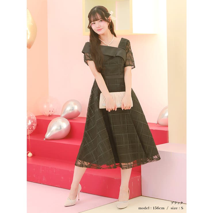 Retica ワンショル風アシンメトリーチェックチュールフレアミディアムドレス … | Retica | 詳細画像9 