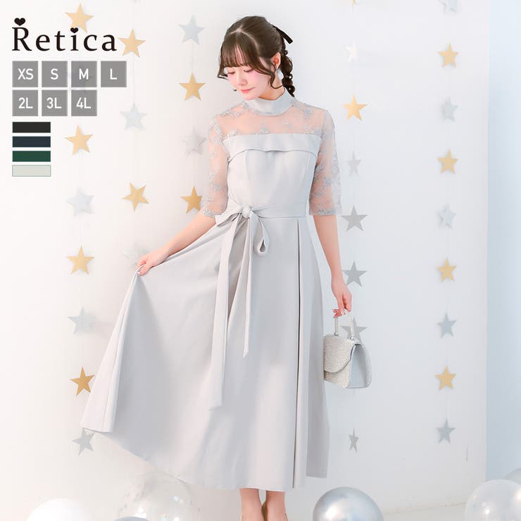グレー | ウエストマークリボンＡラインミモレットドレス ミモレ丈ドレス 袖あり | Retica