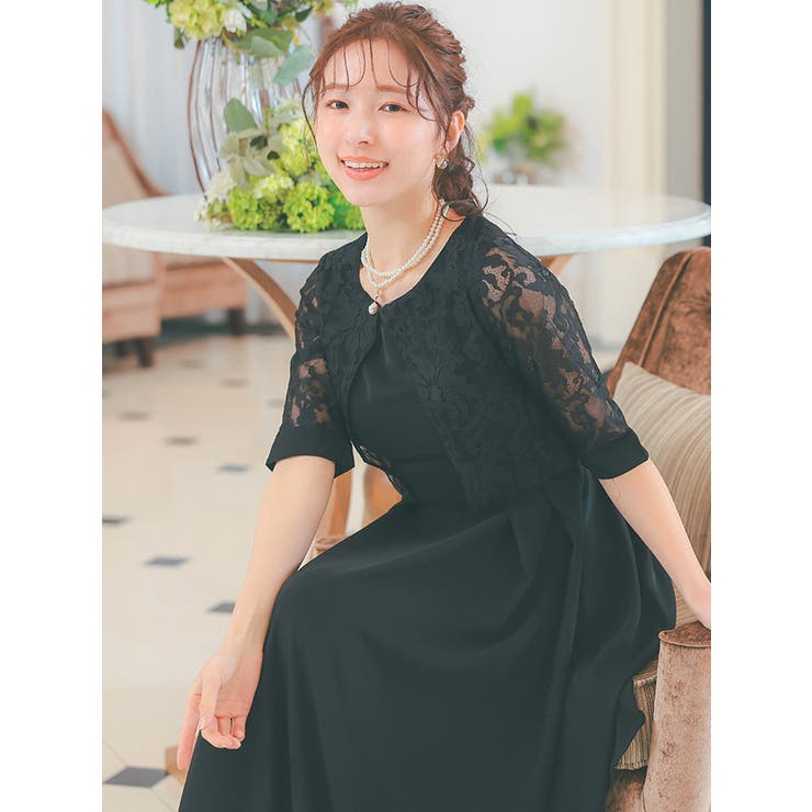 ブラウンレース装飾ミディドレス レースボレロ風デザインサイドプリーツミディアムドレス 結婚式