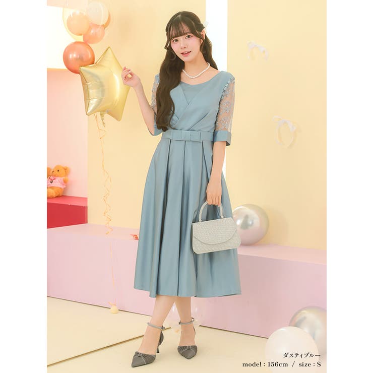 フラワーシースルースリーブウエストマークミディアムドレス パーティードレス 結婚… | Retica | 詳細画像16 