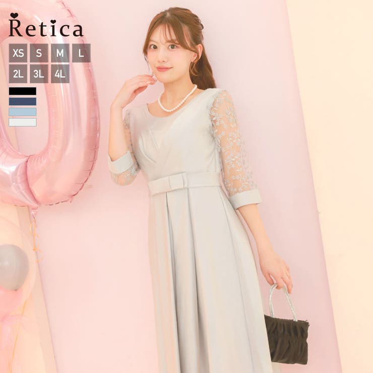 グレー | フラワーシースルースリーブウエストマークミディアムドレス パーティードレス 結婚… | Retica
