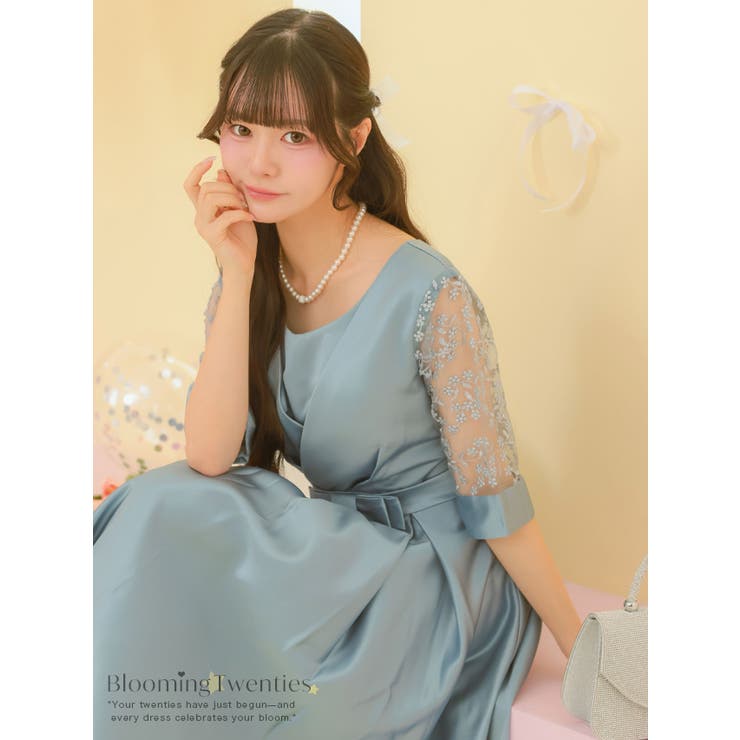 フラワーシースルースリーブウエストマークミディアムドレス パーティードレス 結婚… | Retica | 詳細画像15 