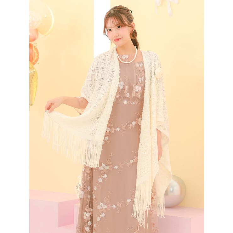透かし編みレース×フリンジの大判ショール（ブローチ付き） パーティードレス小物 … | Retica | 詳細画像2 