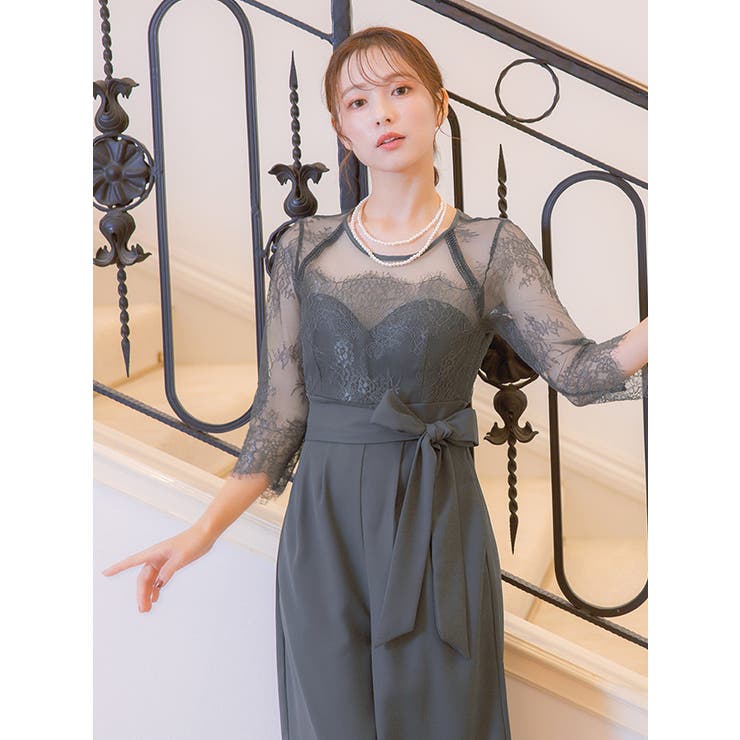 グレー チェック柄 シースルー ドレス レティカ Retica パーティードレス シースルー 七分袖 花柄 刺繍