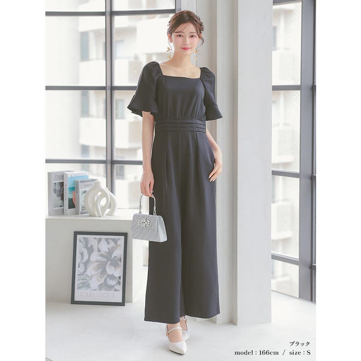 フリルスリーブスクエアネックハイウエストパンツドレス