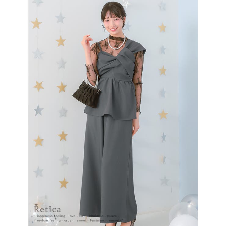 レースインナー付きクロスデザインセットアップパンツドレス パーティードレス 袖あ… | Retica | 詳細画像1 