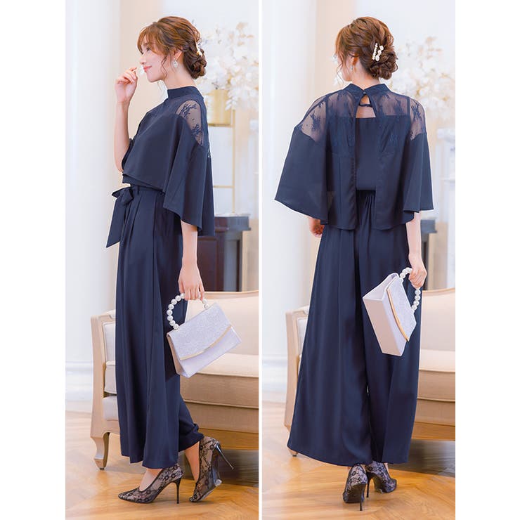 レース切替トップス×ワイドパンツセットアップドレス ケープ