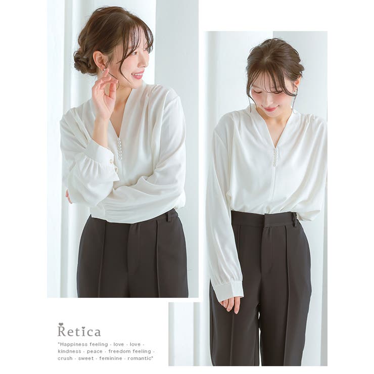 Retica パール付きVネックノーカラーブラウス トップス | Retica | 詳細画像2 
