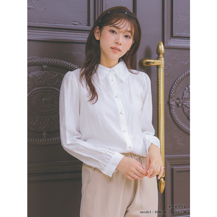 襟レース×パールボタンワンカラーブラウス トップス シャツ | Retica | 詳細画像3