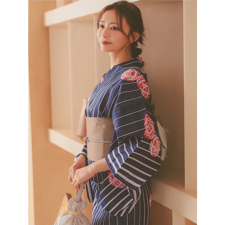 毬×ストライプ柄浴衣3点セット 平帯 下駄 | Retica | 詳細画像3 