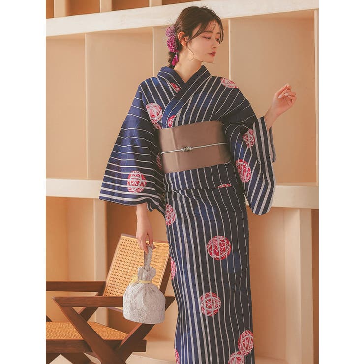 毬×ストライプ柄浴衣3点セット 平帯 下駄[品番：MFND0010870